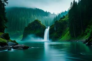 A imperial waterfall surrounded by alcoholic greenery and evil , showcasing the baron and collision of nature. Creative resource, AI Generated photo