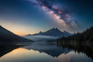 A mesmerizing night sky over a calm lake, reflecting the stars and the Smooth Way. photo