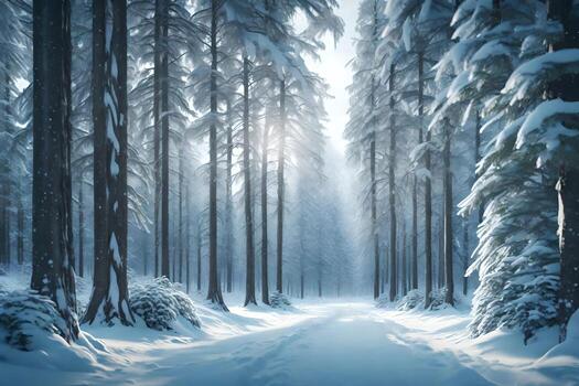 a calm winter scene of snow secured evergreen trees standing in a calm woods. Creative resource, photo