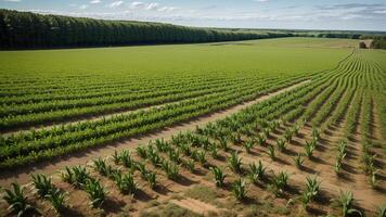 green columns of made corn on a private agrarian field. AI Generated photo