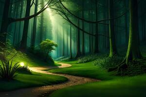 An enchanting afforest illuminated by the finespun luminescence of firefly during a attract Nox. Creative resource, photo