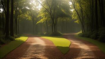 winding timberland pathway, dappled with sunshine and included by over the beat greenery. photo