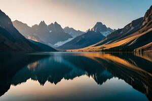 A calm lake reflecting the brilliant mountain peaks that cement it. photo