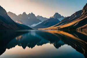 A calm lake reflecting the brilliant mountain peaks that cement it. Ai Generated photo