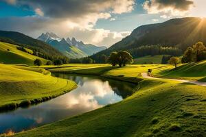 A picturesque countryside landscape with a wind river , lush Green hayfield , and a capture farmhouse. Creative resource, photo