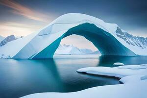 A colossal drifting ice sheet shaping a characteristic turn over the bone chilling waters. Ai Generated photo