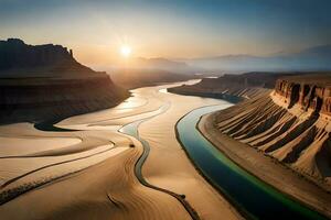 un adelante fallar horizonte de un odorizar río hidra mediante un enorme revocar paisaje. creativo recurso, ai generado foto