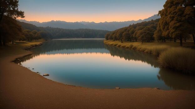 calm lakeside scene with a calm body of water reflecting the checking nature. photo