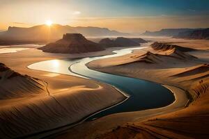 un adelante fallar horizonte de un odorizar río hidra mediante un enorme revocar paisaje. creativo recurso, ai generado foto