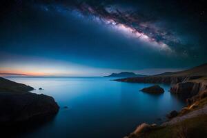 A mesmerizing night sky over a calm lake, reflecting the stars and the Smooth Way. Creative resource, photo