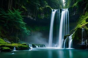 A imperial waterfall surrounded by alcoholic greenery and evil , showcasing the baron and collision of nature. Creative resource, photo