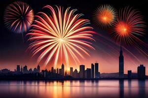 Outline a breathtaking show of firecrackers lighting the sky as the clock strikes midnight. photo
