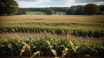 green columns of made corn on a private agrarian field. AI Generated photo