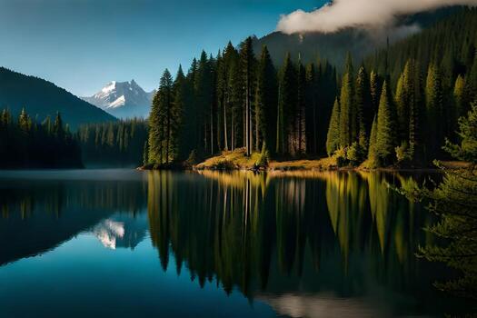 A cloudiness secured mountain lake with evergreen trees reflected on its sparkly surface. photo
