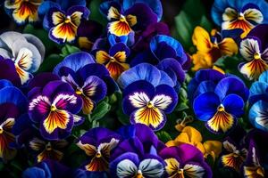 Pretty flowers called pansies were given as a present for Mother's Day. These flowers were captured in close-up photos, showing their bright and beautiful details.. Creative resource, AI Generated photo