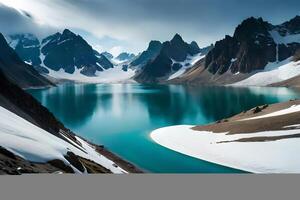 un idealizar nieve tapado lago establecido interior partes el centrar de imponente hielo hojas y nieve tapado crestas. creativo recurso, ai generado foto