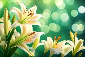 Beautiful lilies, for March 8th celebration, captured in a stunning and soft focus background.. Creative resource, AI Generated photo