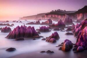 In the morning, there are pretty pink and purple rocks near the water's edge.. Creative resource, photo