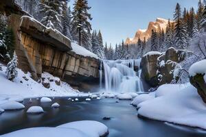 A solidified waterfall with icicles and snow secured rocks, capturing the quintessence of winter. photo