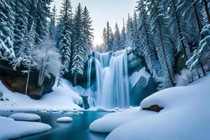 A cemented waterfall taking after a jewel shape in a winter wonderland. photo