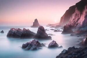 In the morning, the cliffs by the coast have light blue and pale pink colors on them.. Creative resource, photo