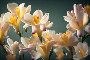 Pretty freesias, which are a special way to show appreciation for Mother's Day, have been captured in gentle and romantic studio lighting.. Creative resource, AI Generated photo