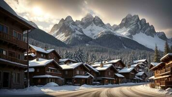 A snow-covered lifted town settled between towering snow-capped peaks. Creative resource, AI Generated photo