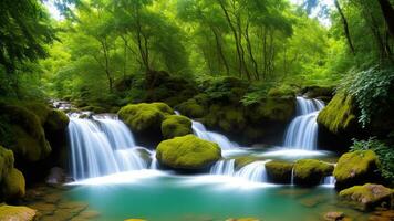 Charming Waterfall Take off make. Paint a scene of a secured waterfall in a unmistakable wild. AI Generated photo