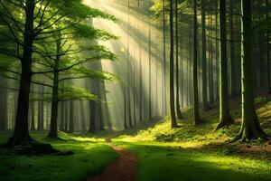 An enchanting afforest illuminated by burn of sunlight filtering through the dense canopy of corner. Creative resource, photo