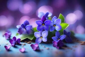 Gorgeous purple flowers, showing support for International Women's Day on March 8th, are presented with a vibrant and slightly unfocused background.. Creative resource, photo