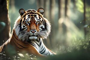 A amazing tiger portrayed in angry and striking center. Creative resource, AI Generated photo