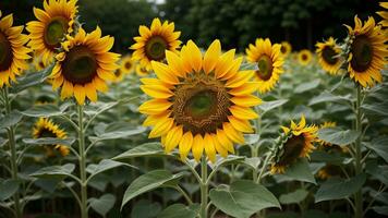 Closeup shot of a sunflower with a field of unmistakable on the surface. AI Generated photo