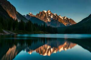 un calma lago reflejando el abarcando montañas y cielo me gusta un reflejar. ai generado foto