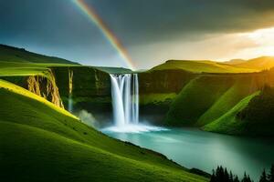 un maravilloso cascada incluido por bien apagado verdor y un arco iris formación en sus abundancia de nubes. ai generado foto