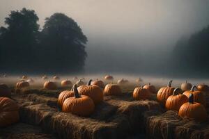 a foggy pumpkin field with fog whirling around pumpkins and roughage parcels. Creative resource, photo