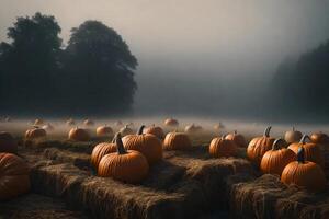 un brumoso calabaza campo con niebla girando alrededor calabazas y fibra celulósica paquetes creativo recurso, ai generado foto