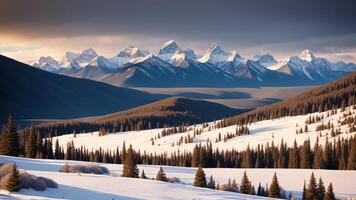 Stupefying shot of unforgiving mountains secured in white snow. photo