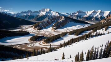 Shocking shot of unforgiving mountains secured in white snow. photo