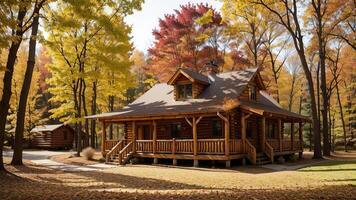 common cabin settled inner parts the center of tall trees and included by a carpet of collect time takes off. photo
