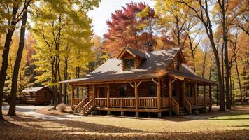 common cabin settled inner parts the center of tall trees and included by a carpet of collect time takes off. AI Generated photo