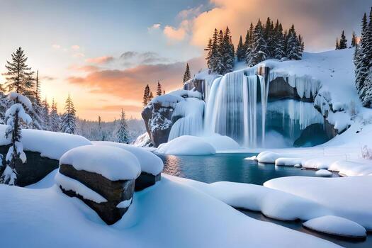 A cemented waterfall taking after a basic stone shape in a winter wonderland. photo