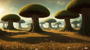 otherworldly timberland filled with sparkling mushrooms, coasting islands, and mind blowing animals. photo