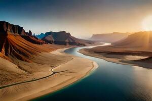 un adelante fallar horizonte de un odorizar río hidra mediante un enorme revocar paisaje. creativo recurso, ai generado foto