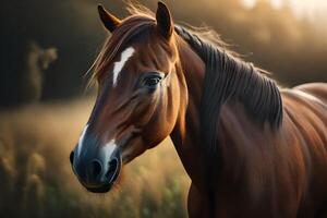 un delicado caballo retratado con encantador expansivo escala se enfoca de intrigado. creativo recurso, ai generado foto