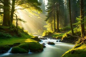 A calm timberland dale with a little stream and daylight sifting through the canopy. AI Generated photo