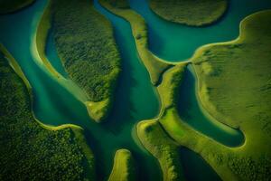 The picture is of a river that splits into smaller sections. It has different shades of green and blue all around it. The picture is taken from a bird's-eye view.. Creative resource, AI Generated photo