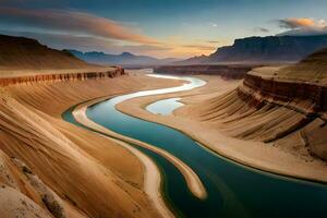 un adelante morir horizonte de un odorizar río hidra mediante un enorme revocar paisaje. creativo recurso, ai generado foto