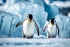 Delightful penguins, a polar blessing, depicted in frosty wonderland large scale. Creative resource, AI Generated photo