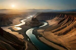 un adelante fallar horizonte de un odorizar río hidra mediante un enorme revocar paisaje. creativo recurso, ai generado foto