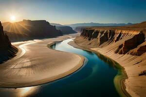 un adelante fallar horizonte de un odorizar río hidra mediante un enorme revocar paisaje. creativo recurso, ai generado foto